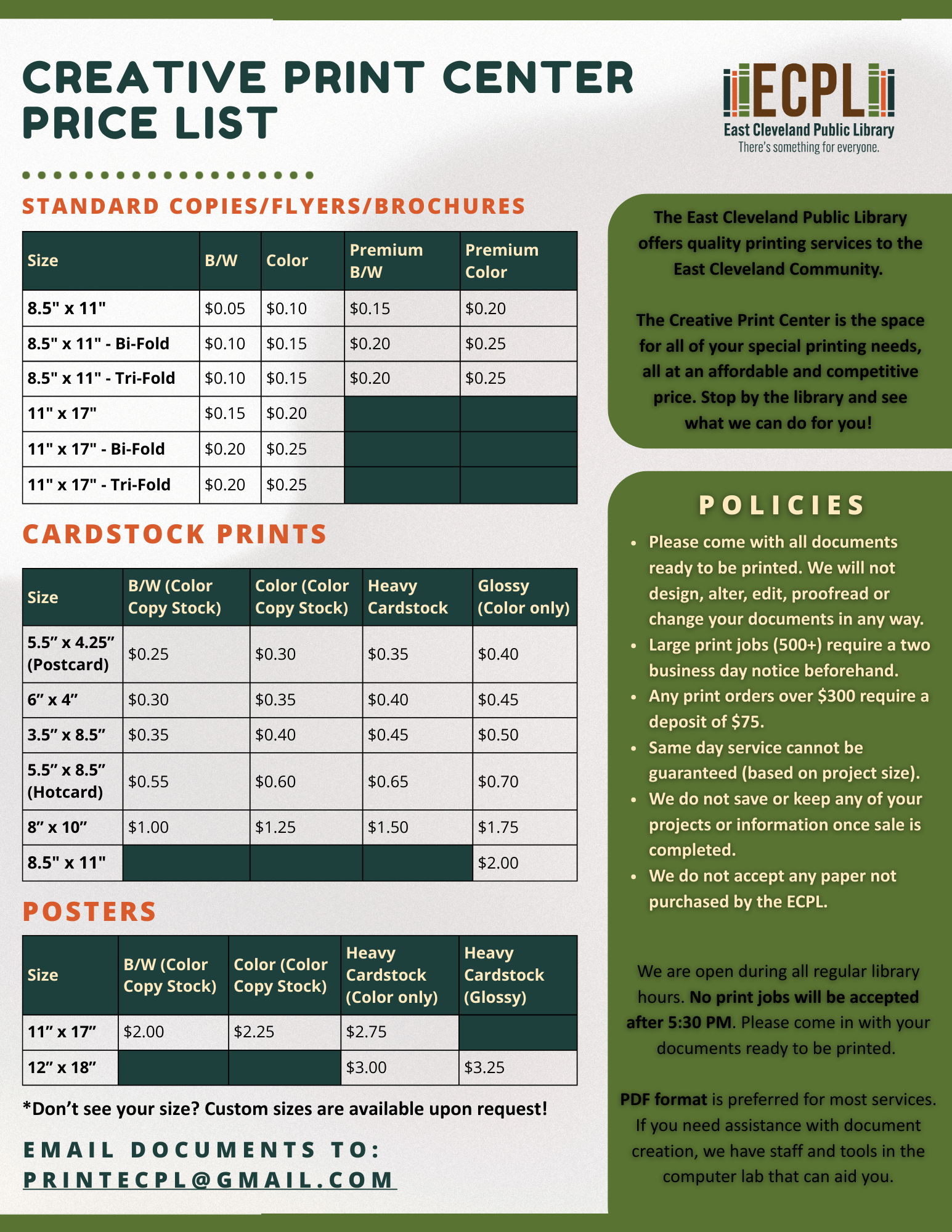 Print Center Price List Front